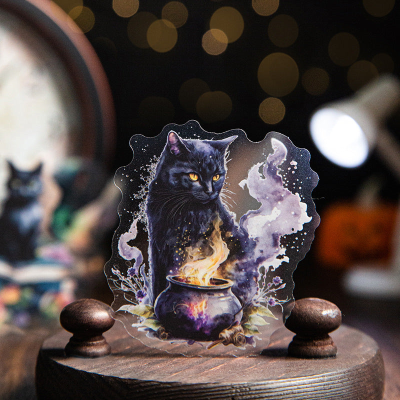 Mystic black cat PET sticker beside a glowing cauldron with purple smoke