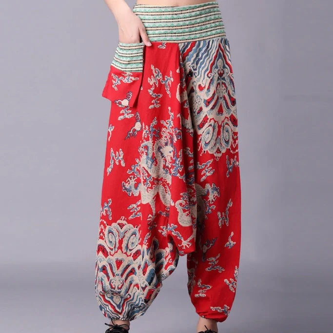 Red Mythic Cloud Flow Harem Pants with striped waistband and side pocket