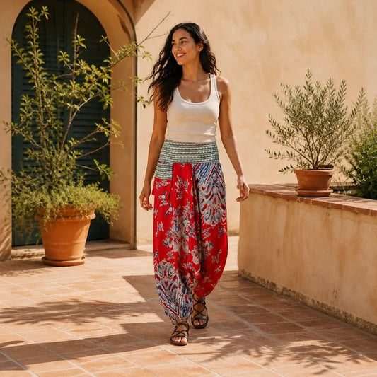 Model wearing red Mythic Cloud Flow Harem Pants in a sunlit courtyard