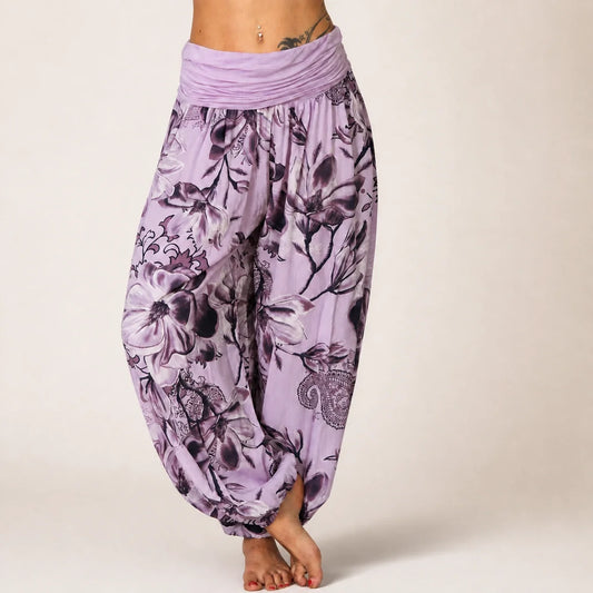 Paisley Bloom Harem Pants in soft purple floral print, front view