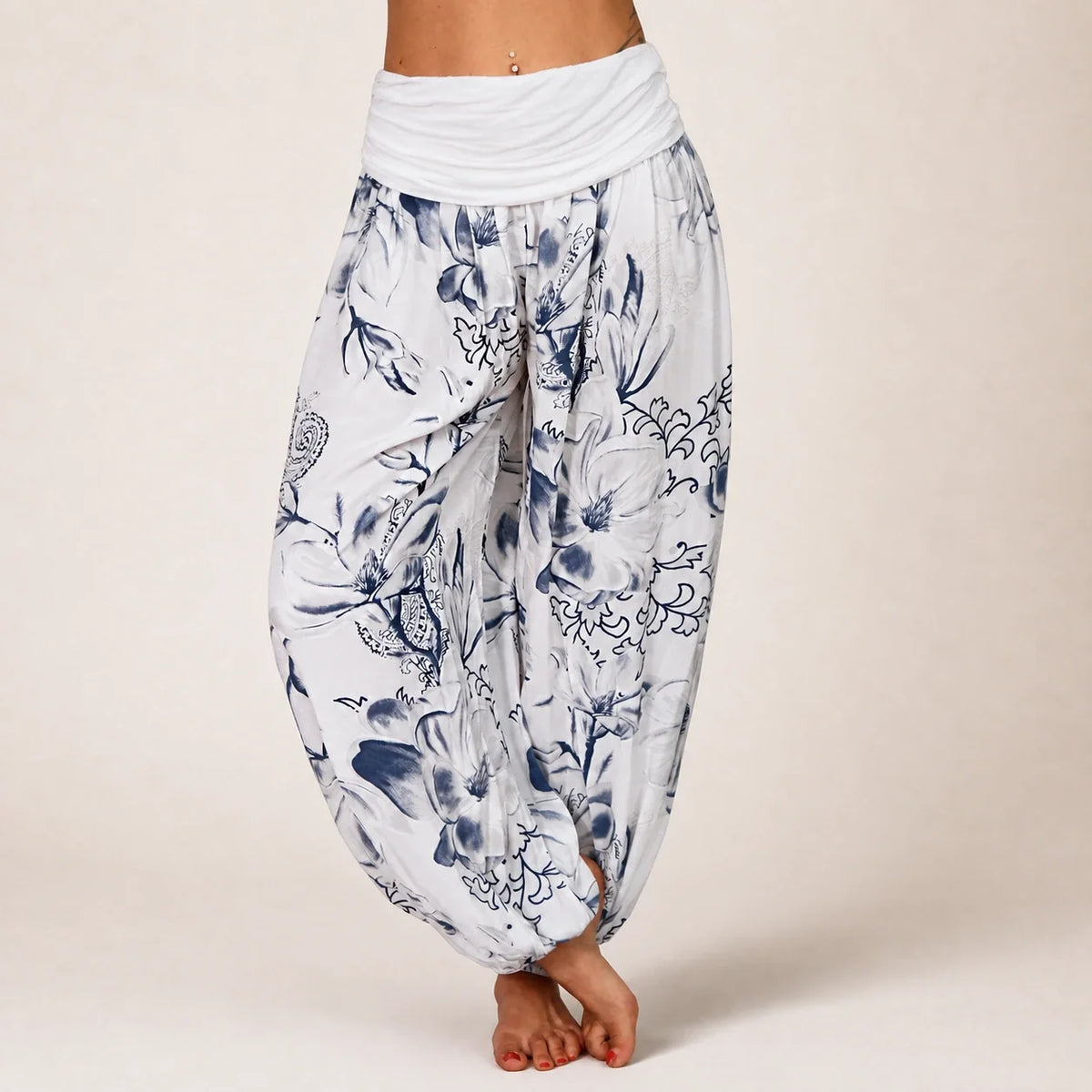 Paisley Bloom Harem Pants in white and charcoal floral print, front view