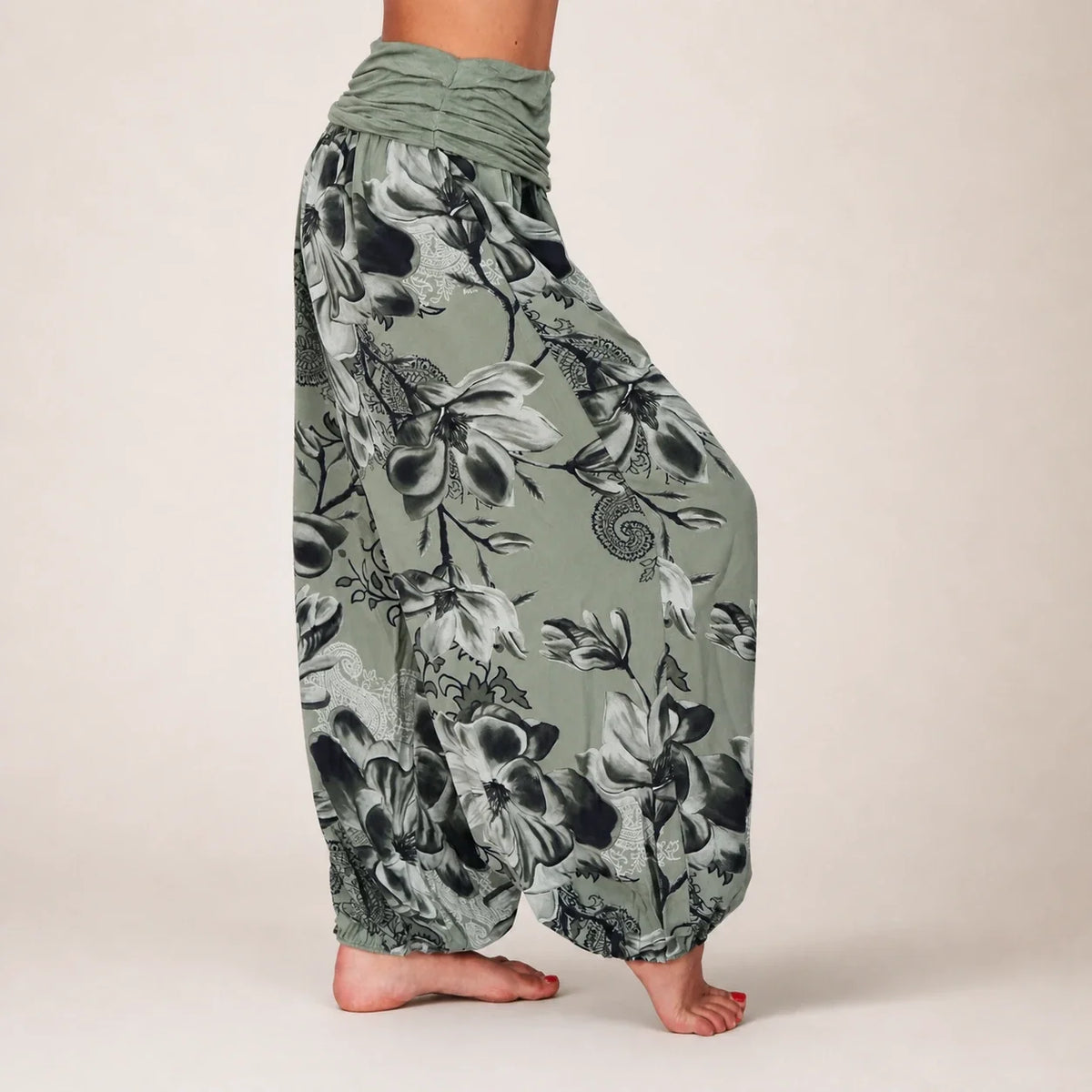 Paisley Bloom Harem Pants in sage green floral print, side view