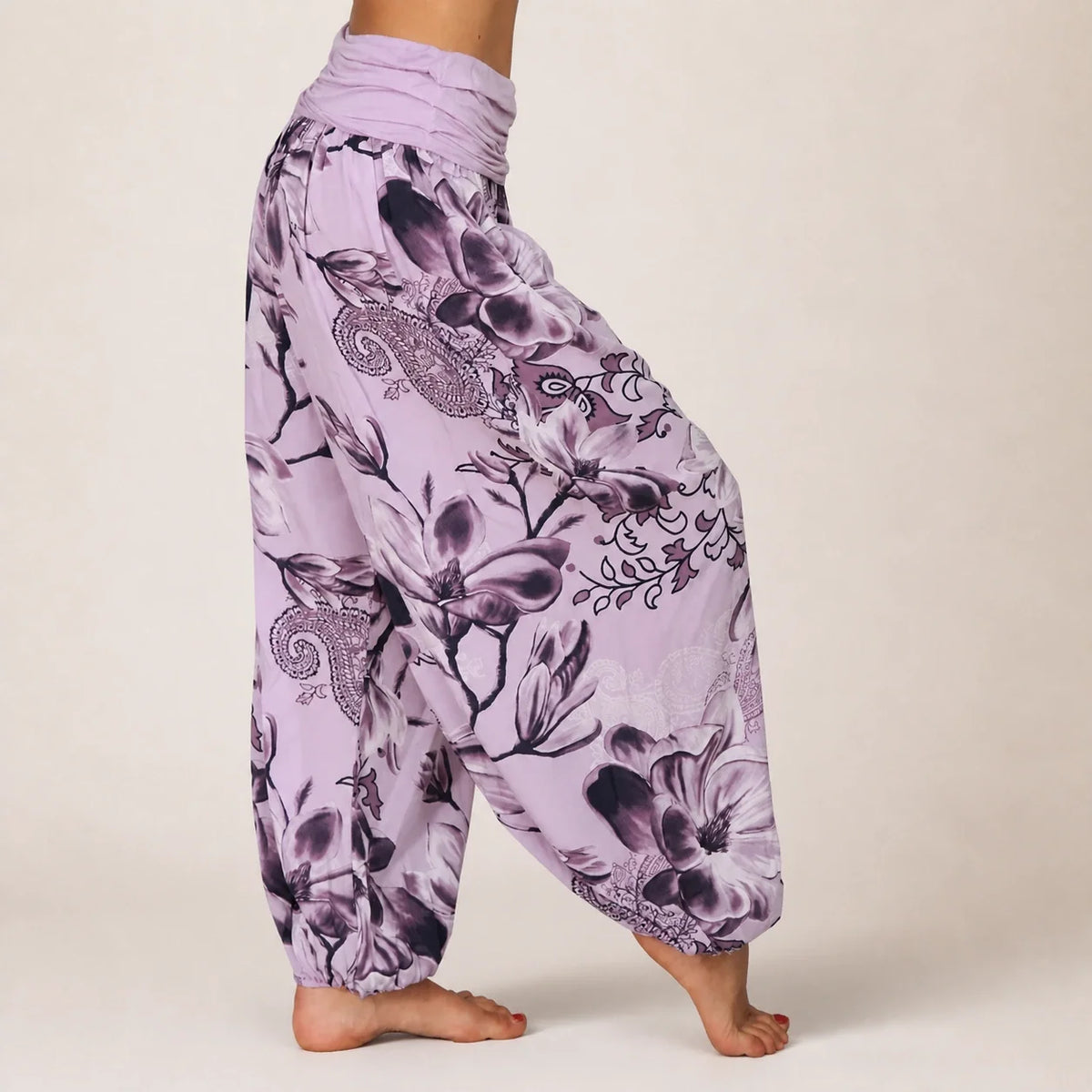 Paisley Bloom Harem Pants in lavender floral print, side view