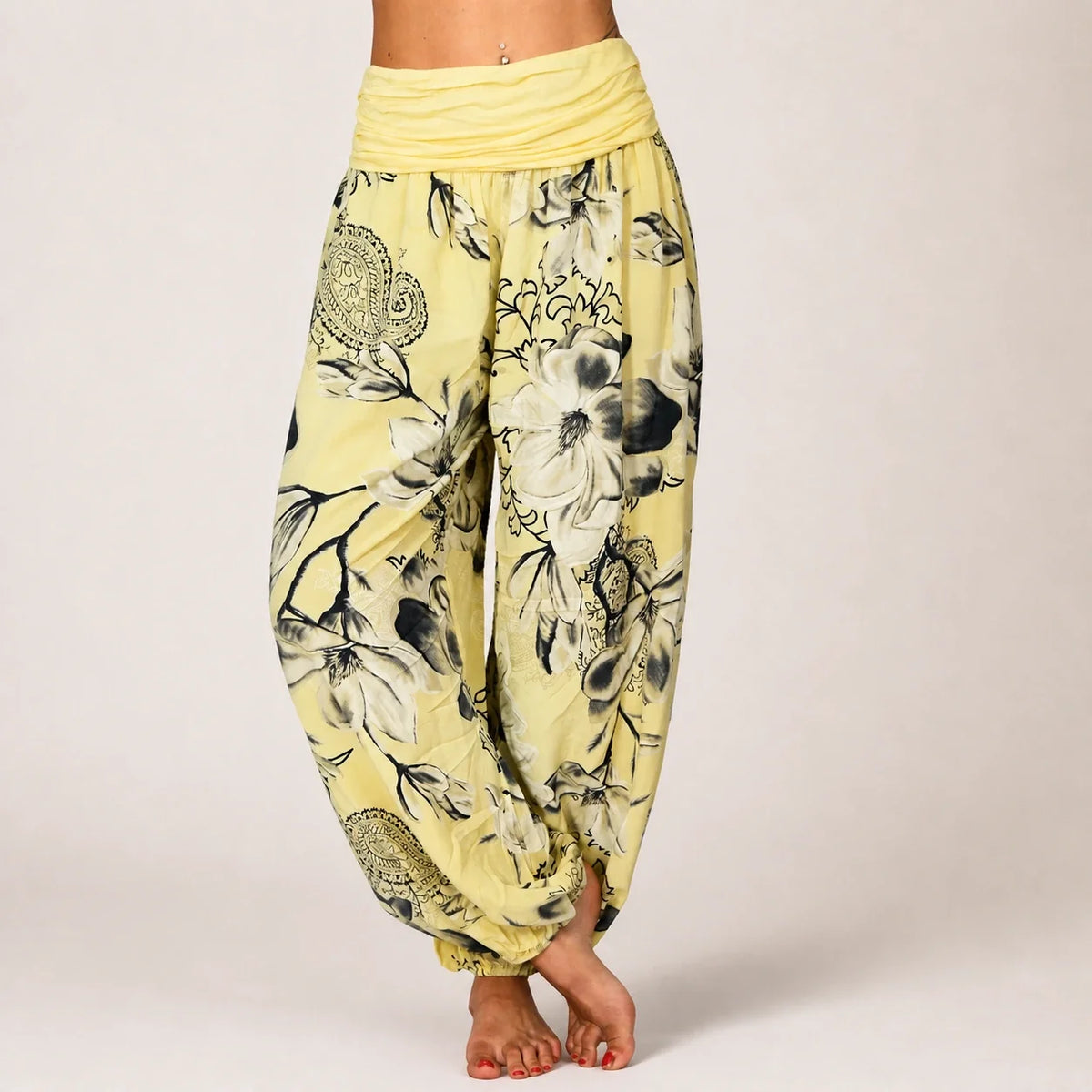 Paisley Bloom Harem Pants in pale yellow floral print, front view