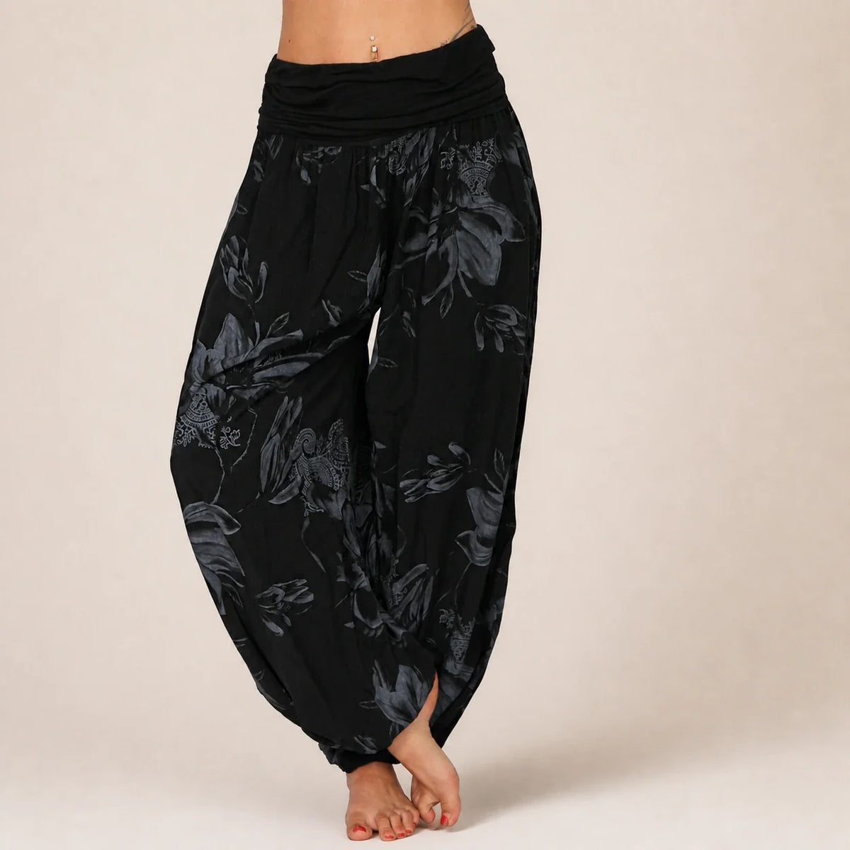 Paisley Bloom Harem Pants in black tonal floral print, front view
