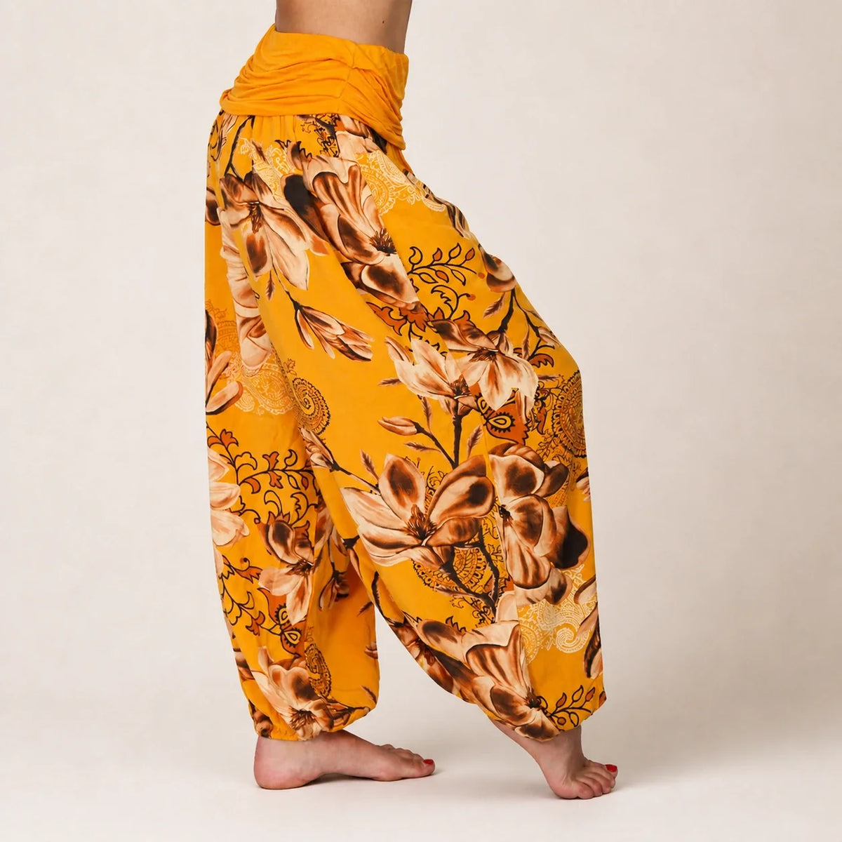 Paisley Bloom Harem Pants in vivid orange floral print, side view