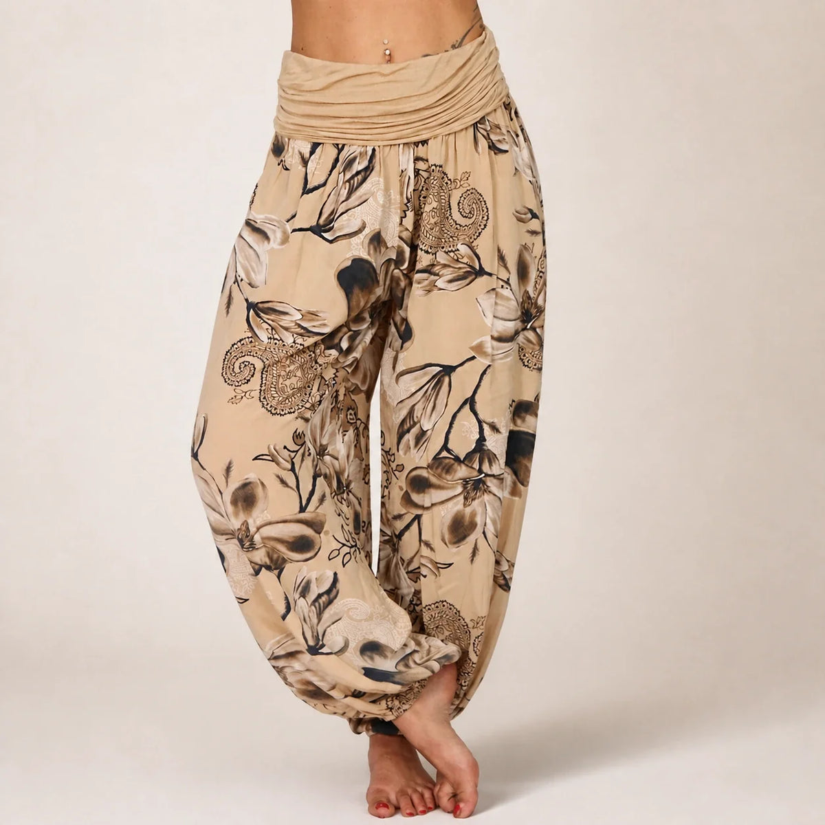 Paisley Bloom Harem Pants in khaki beige floral print, front view