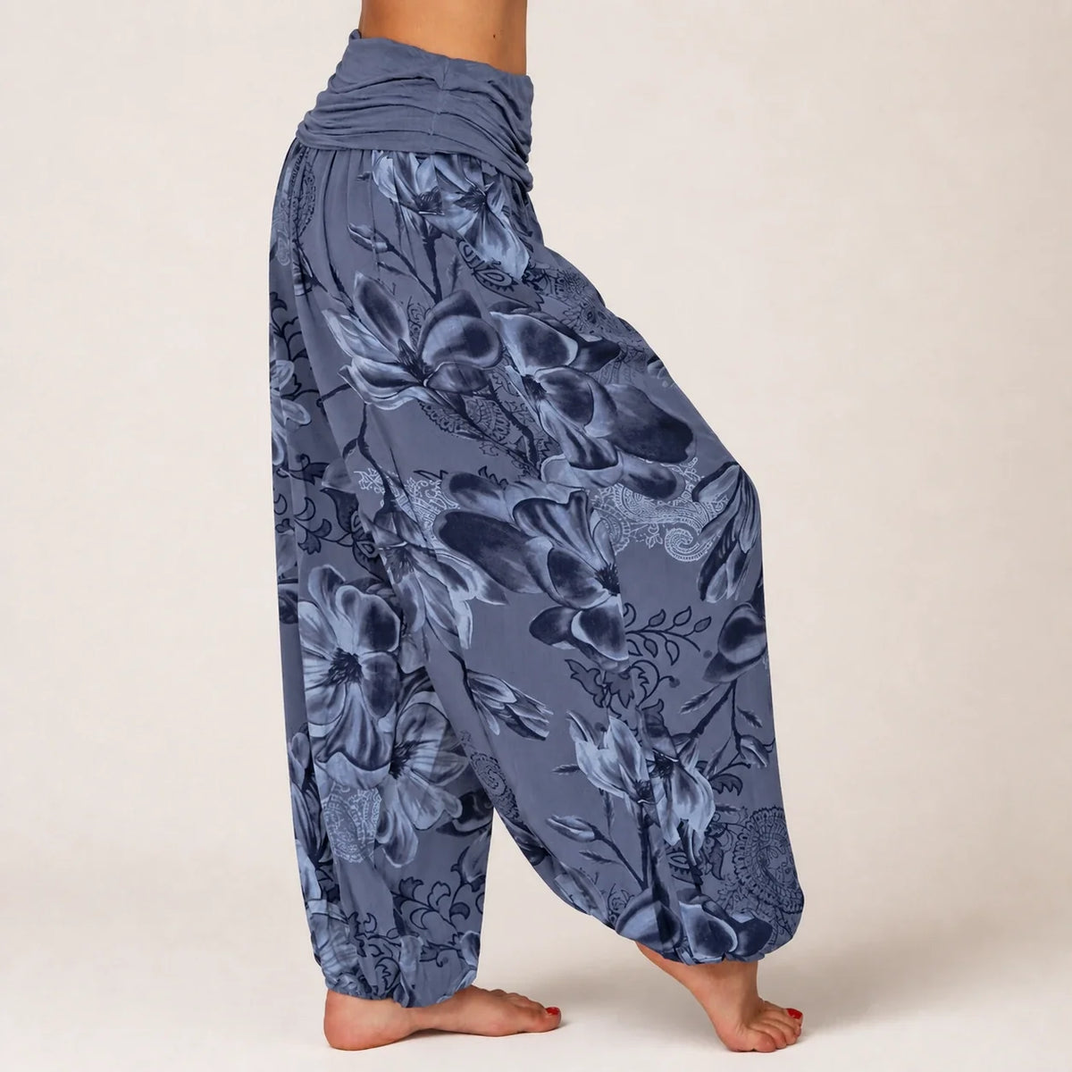Paisley Bloom Harem Pants in slate blue floral print, side view
