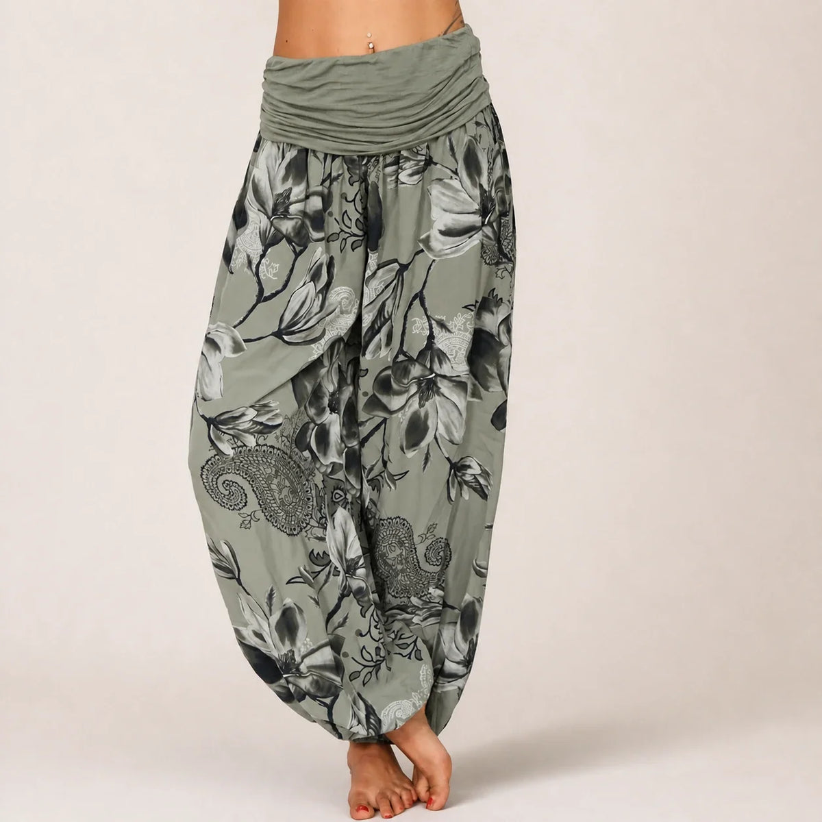 Paisley Bloom Harem Pants in army green floral print, front view