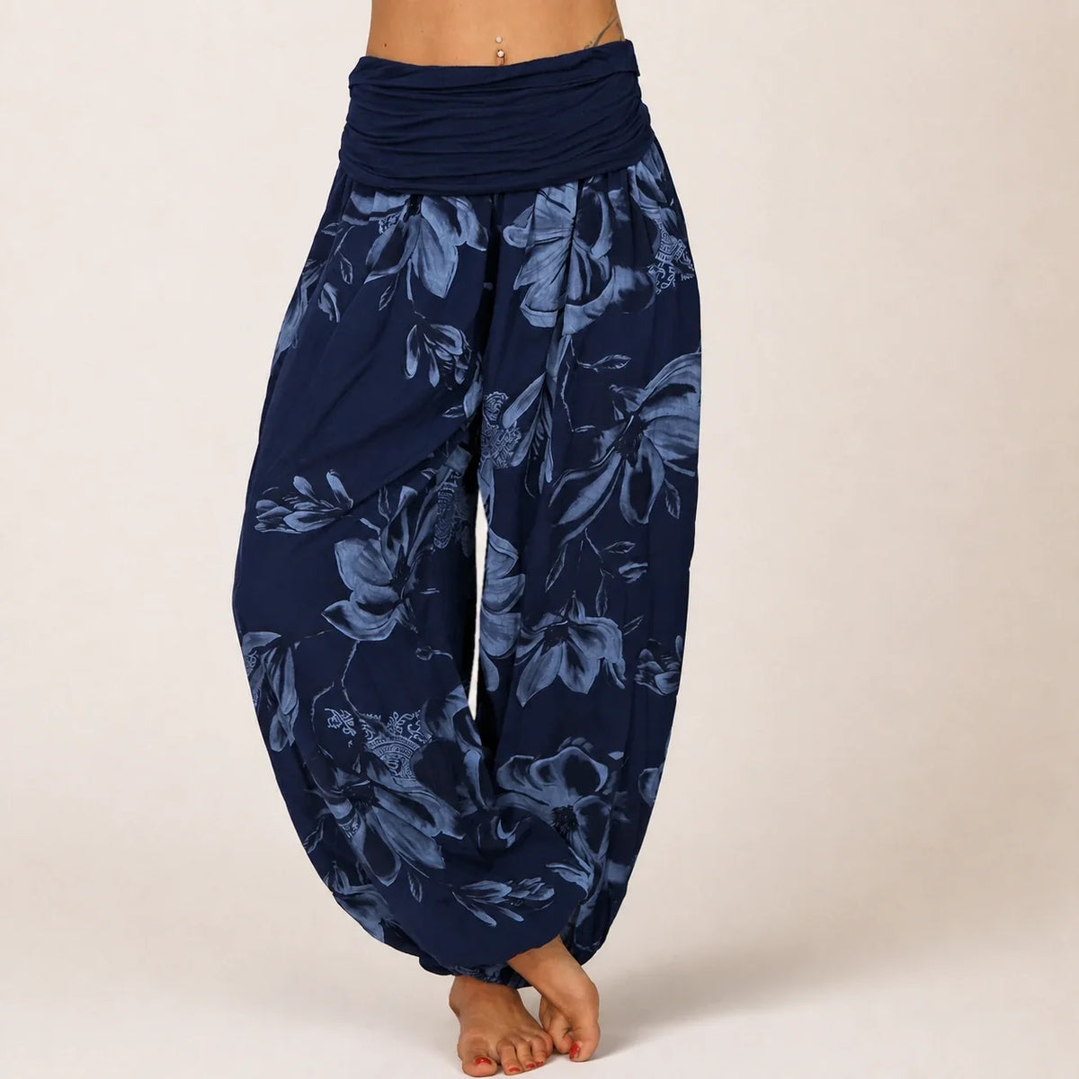 Paisley Bloom Harem Pants in dark blue floral print, front view