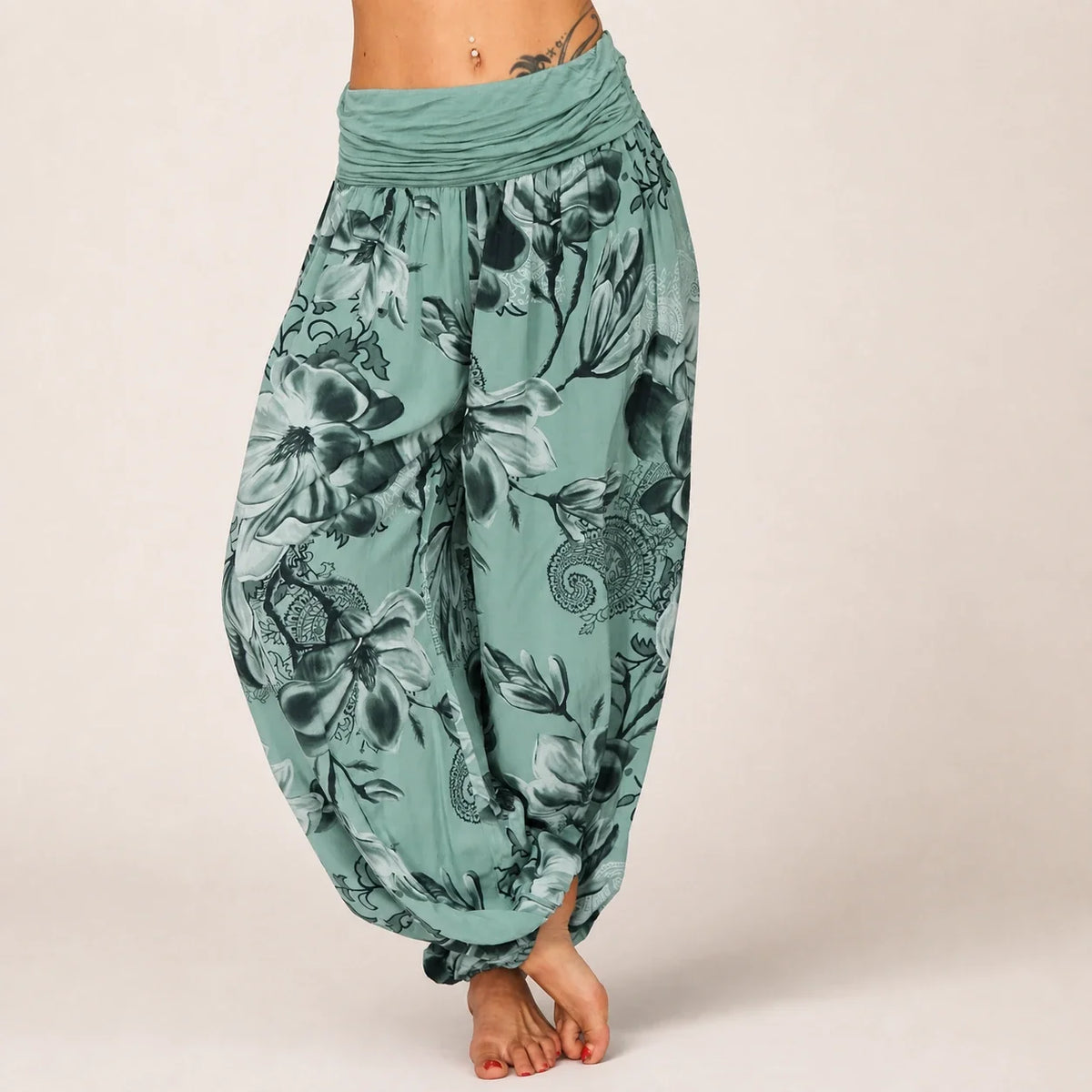 Paisley Bloom Harem Pants in green floral print, front view