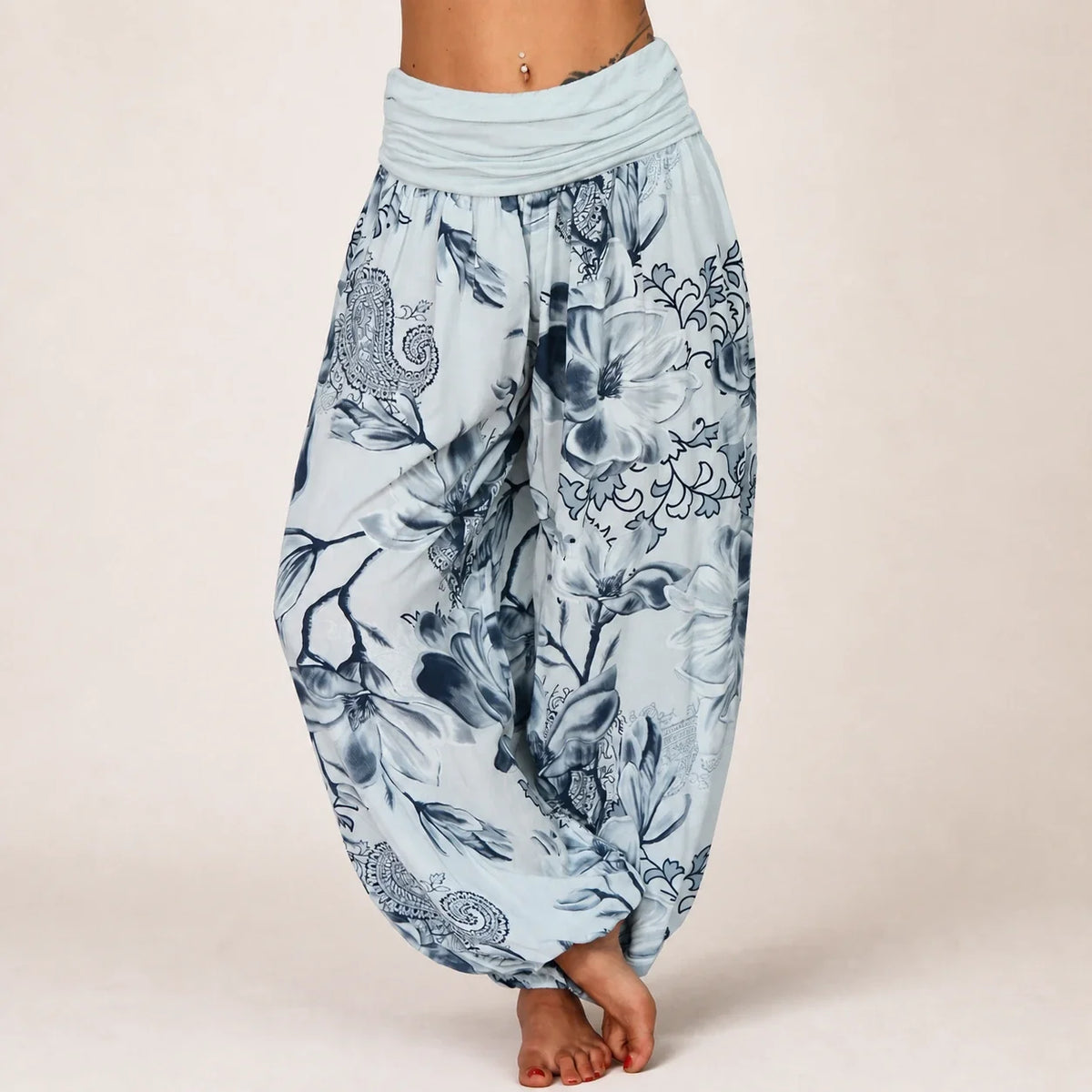 Paisley Bloom Harem Pants in light blue floral print, front view