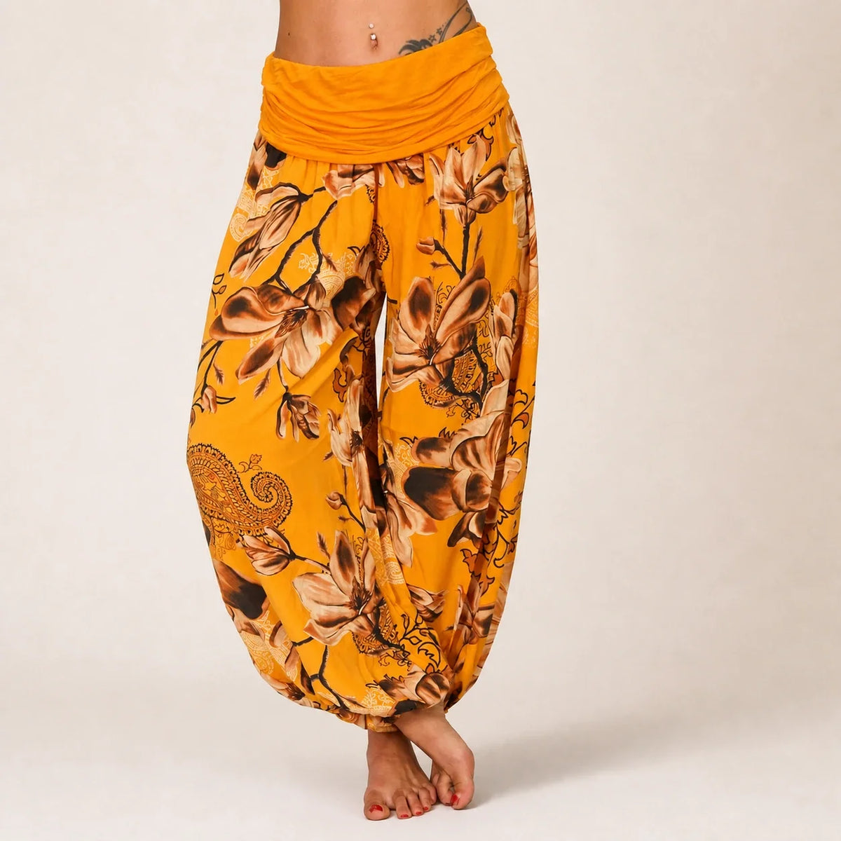 Paisley Bloom Harem Pants in orange floral print, front view