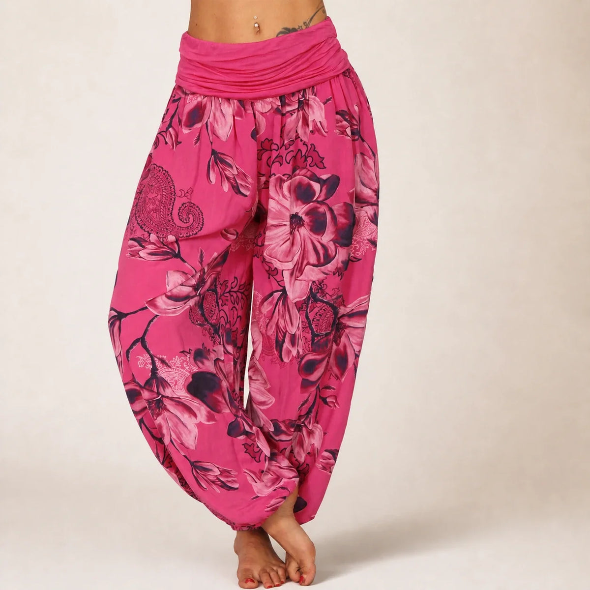 Paisley Bloom Harem Pants in rose red floral print, front view