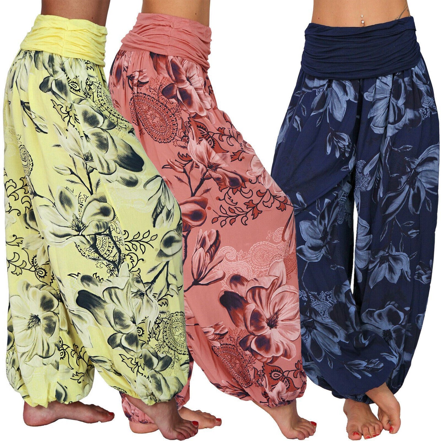 Three floral paisley harem pants in yellow, rose, and dark blue