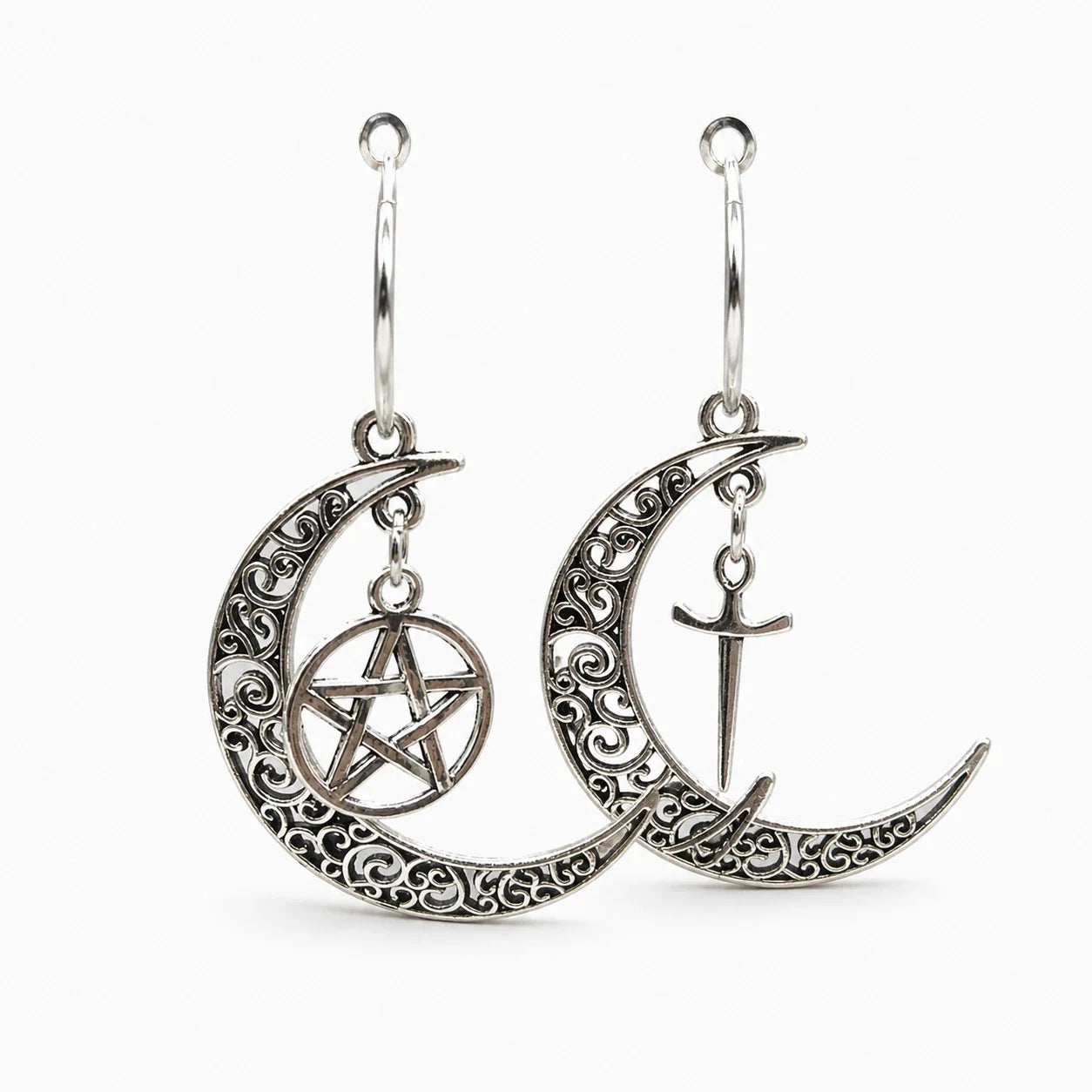 Pentacle Athame Moon Earrings studio product photo