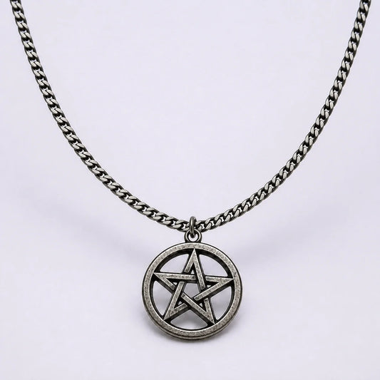 Pentacle Protection Necklace in antiqued silver on a near-white studio background