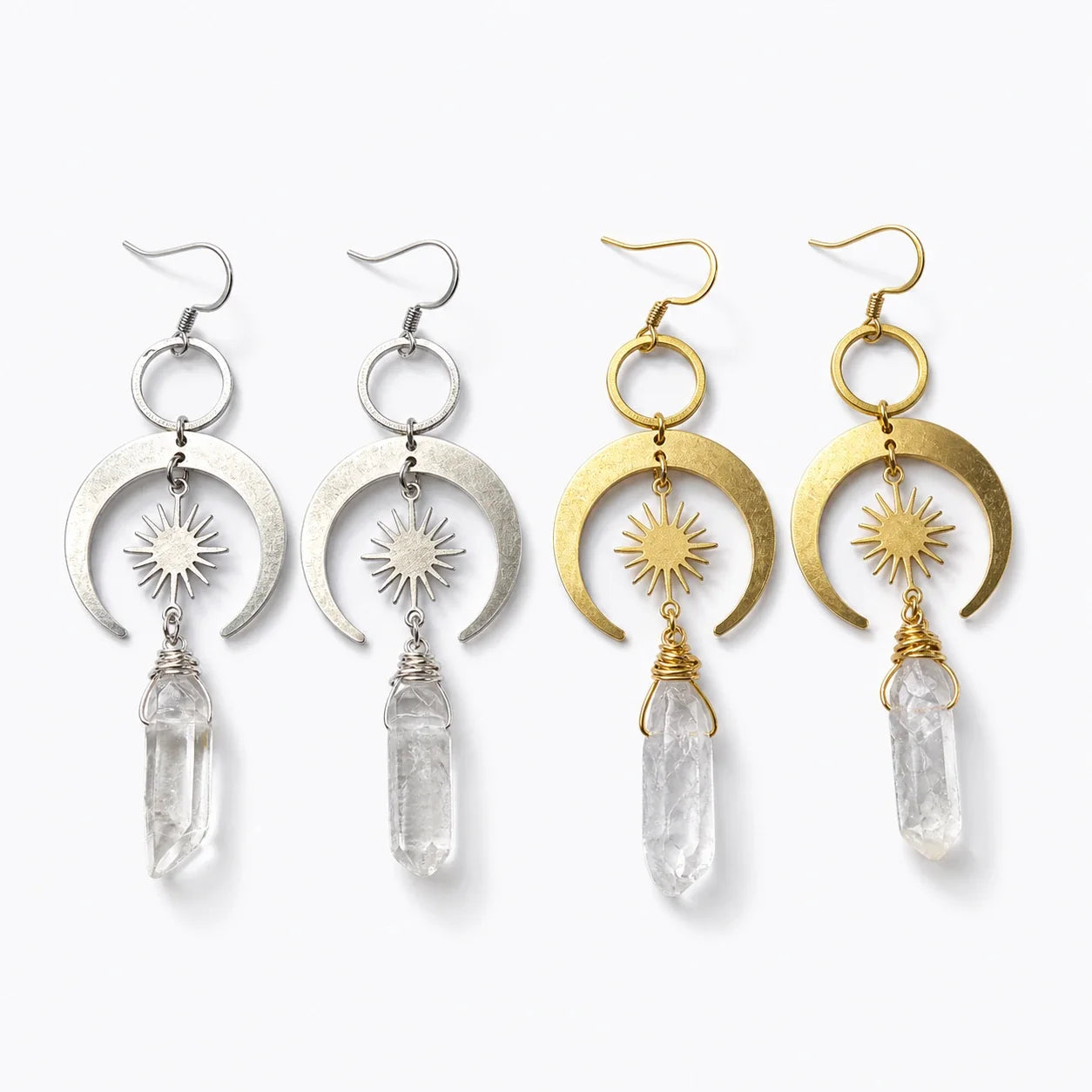 Quartz Crescent Moon Earrings studio product photo