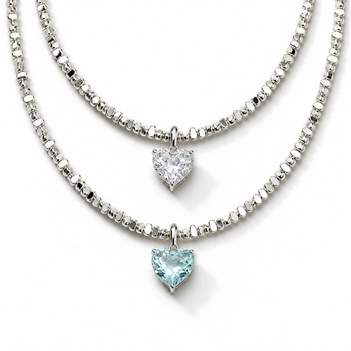 Radiant Love Crystal Necklace studio lead with crystal and aquamarine hearts