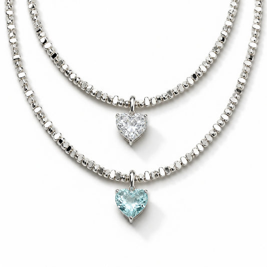 Radiant Love Crystal Necklace studio lead with crystal and aquamarine hearts