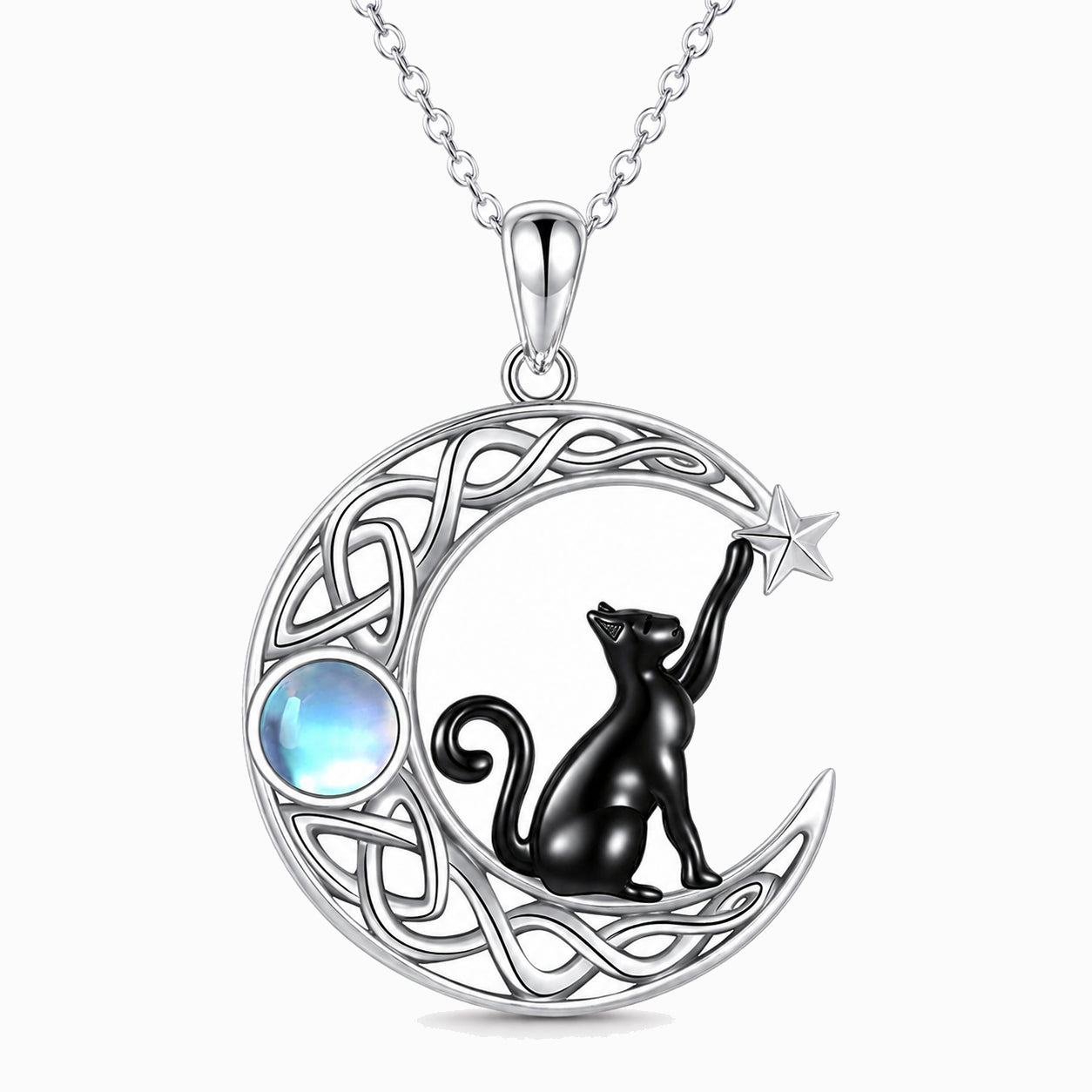 Black Cat Crescent Moonstone Necklace