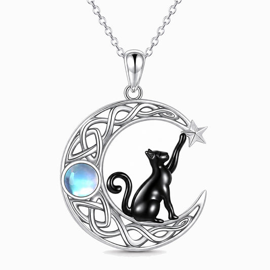 Black Cat Crescent Moonstone Necklace