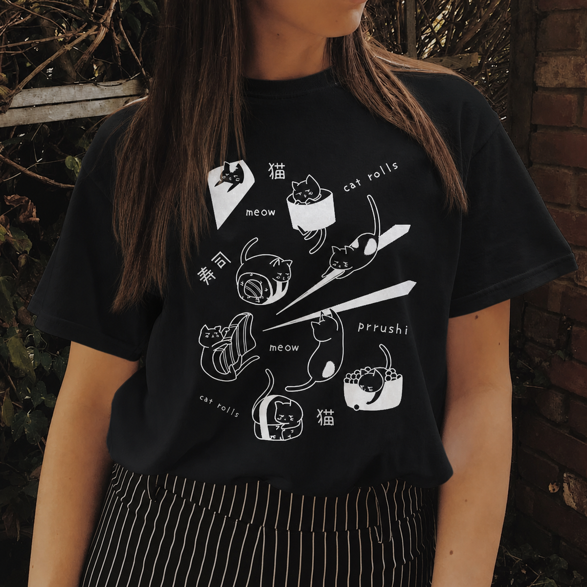 Sushi Cat Familiar T-Shirt in black with white graphic