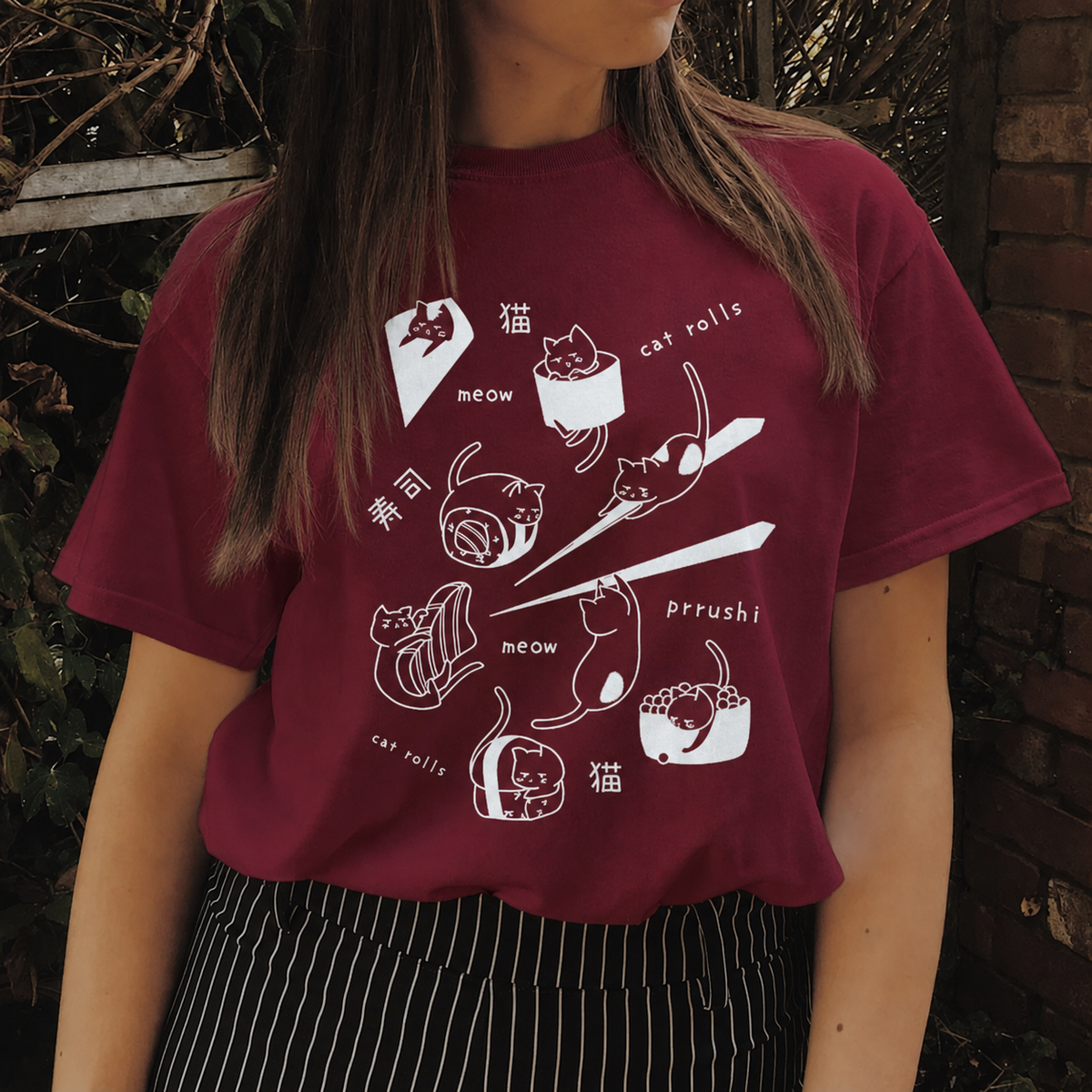 Sushi Cat Familiar T-Shirt in burgundy with white graphic