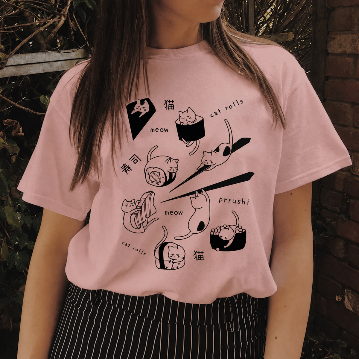 Sushi Cat Familiar T-Shirt in peach with black graphic