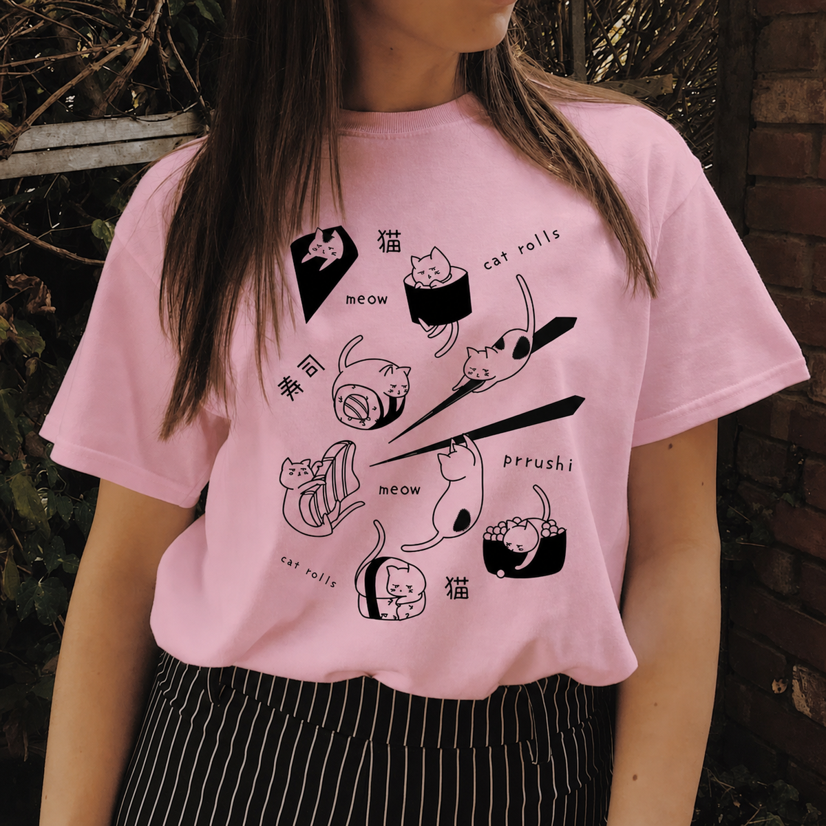 Sushi Cat Familiar T-Shirt in pink with black graphic