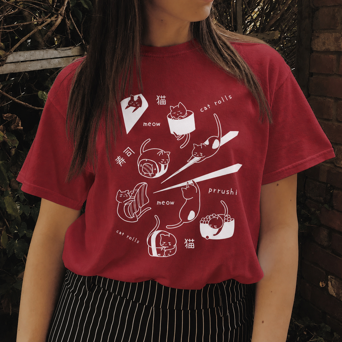 Sushi Cat Familiar T-Shirt in red with white graphic