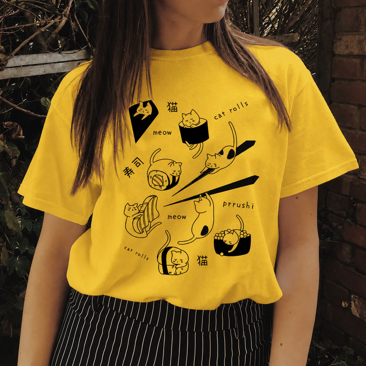 Sushi Cat Familiar T-Shirt in yellow gold with black graphic