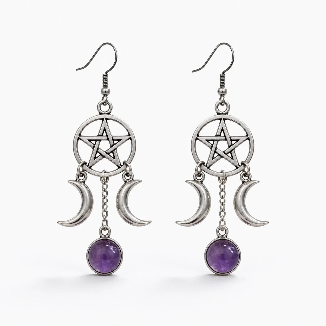 Triple Moon Pentacle Earrings studio product photo