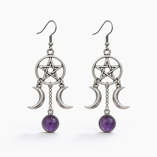 Triple Moon Pentacle Earrings studio product photo