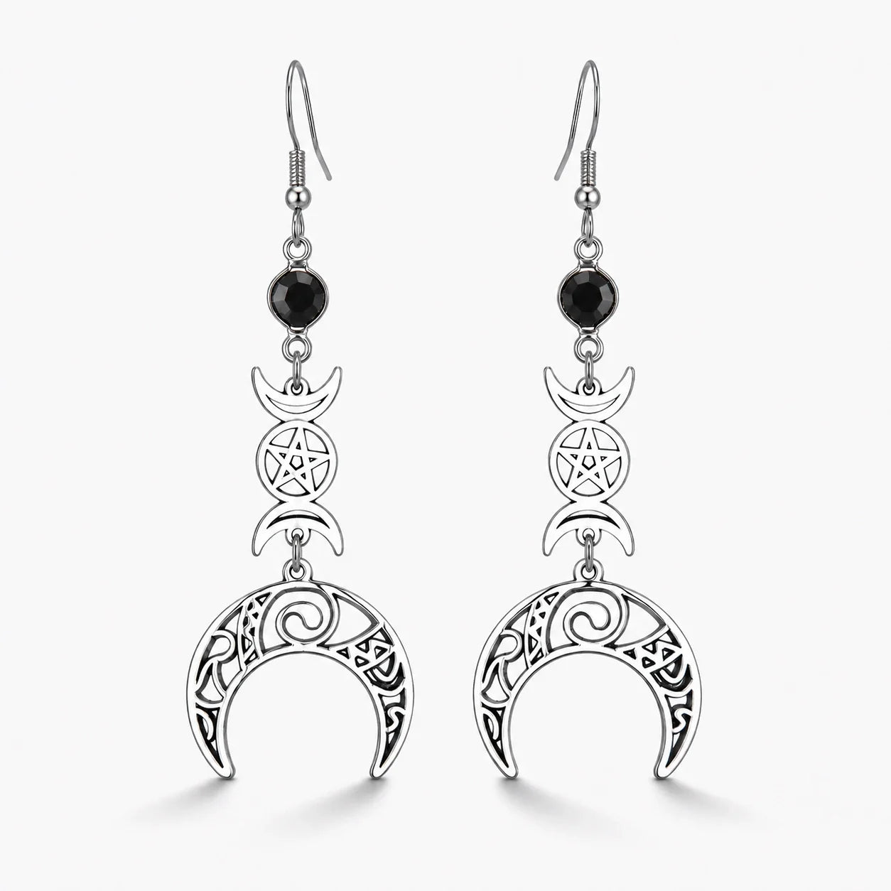 Triple Moon Pentacle Earrings studio product photo