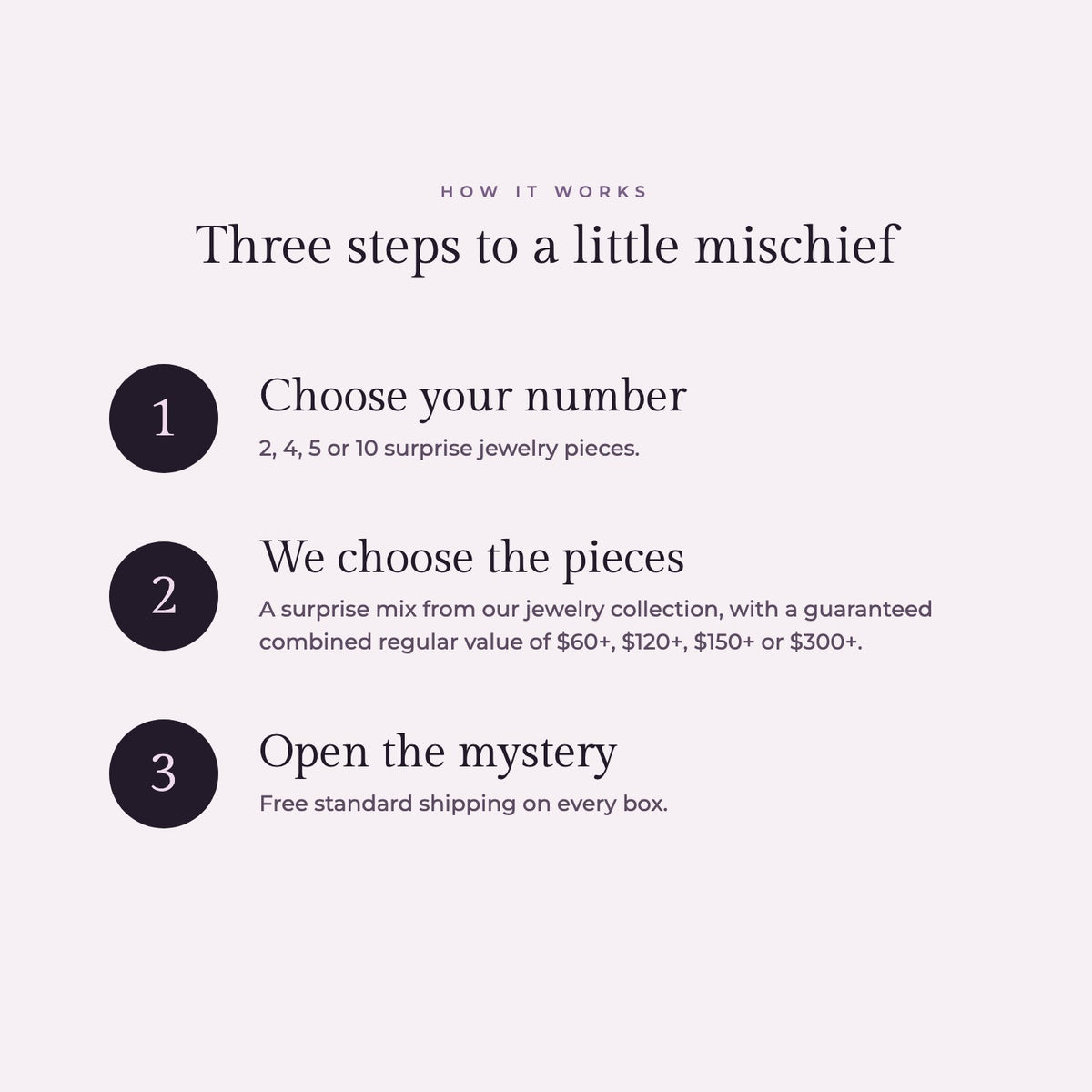 How it works: choose your number, we choose the pieces, open the mystery