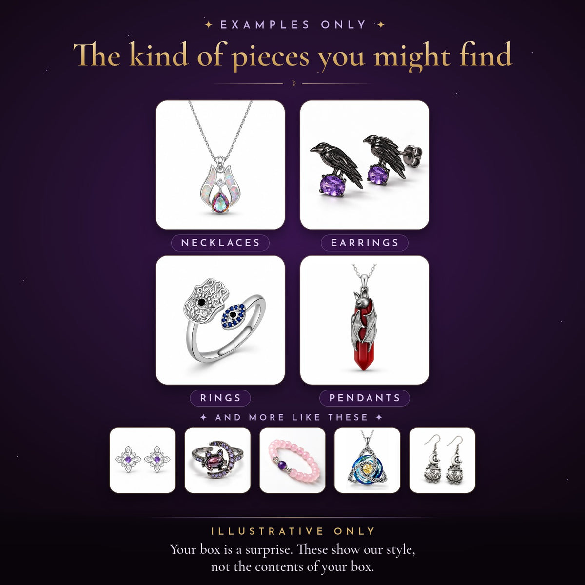 Illustrative examples of Wicca Vibes jewelry. Not the contents of your box.