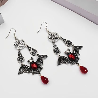 Pentacle Red Vampire Bat Wing Earrings