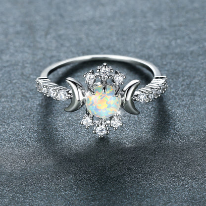 White Opal Triple Moon Goddess Ring