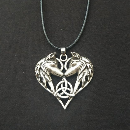 CELTIC TRINITY KNOT HEART SHAPED WOLVES NECKLACE