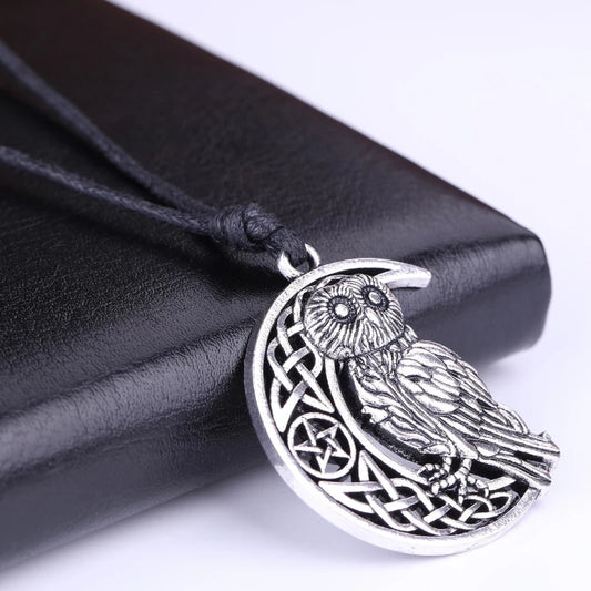 Mystical Owl and Crescent Moon Pentacle Necklace: A Wiccan Amulet for Owl Enthusiasts