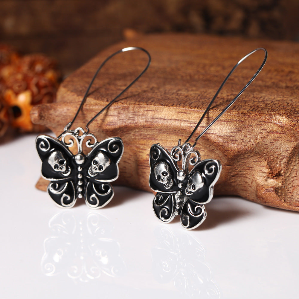 PENDIENTES MARIPOSA CALAVERA GÓTICA NEGRA