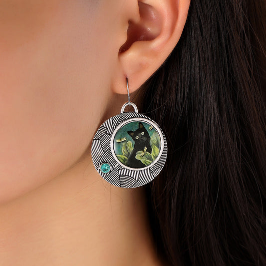 Black Cat Crescent Moon Earrings