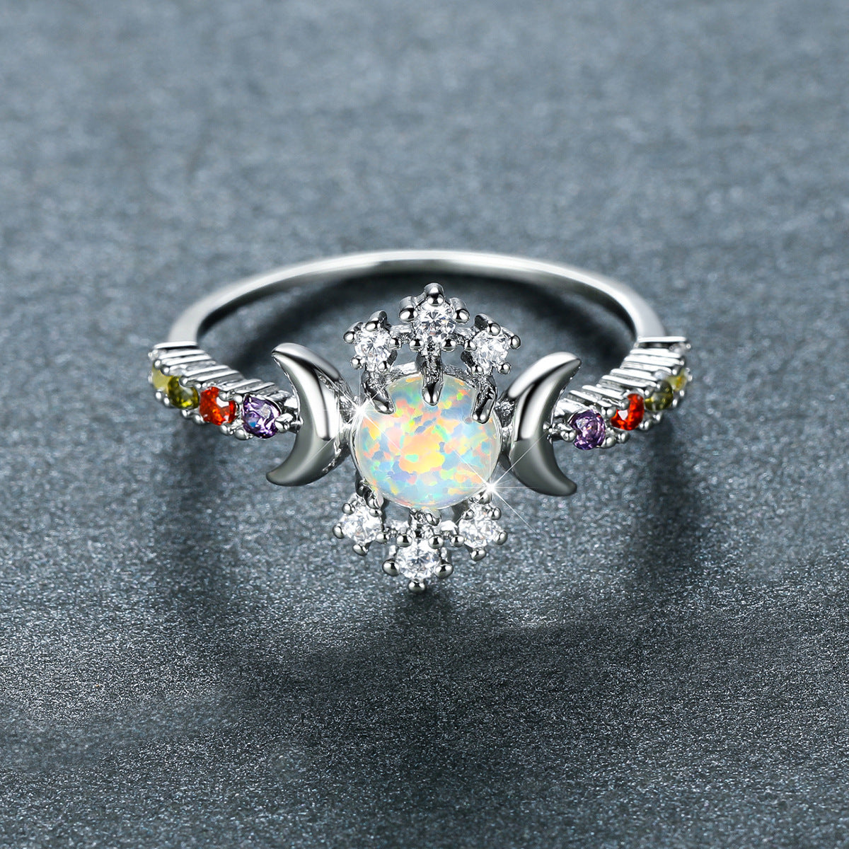 White Opal Triple Moon Goddess Ring