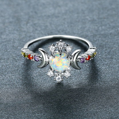 White Opal Triple Moon Goddess Ring