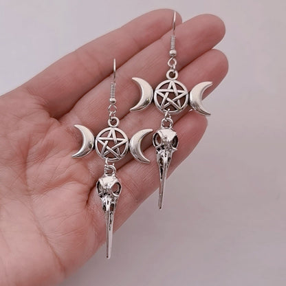 Triple Moon Pentagram Crow Skull Earrings