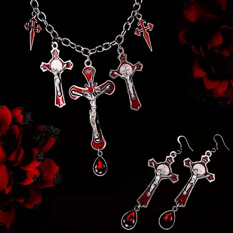 Gothic Bat Cross Pendant Necklace Set