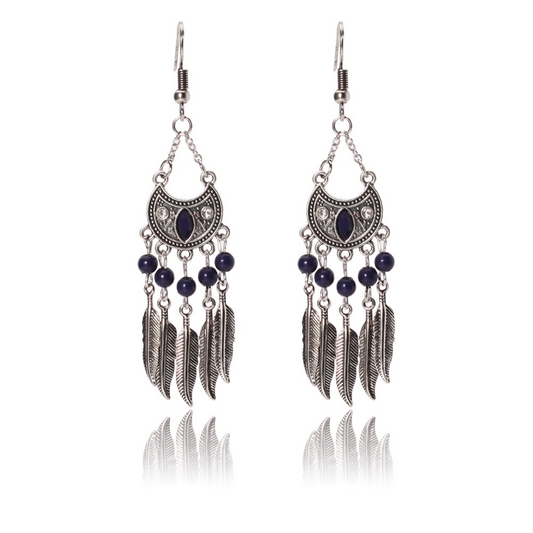 MOON SHAPED FEATHERS DROP EARRINGS