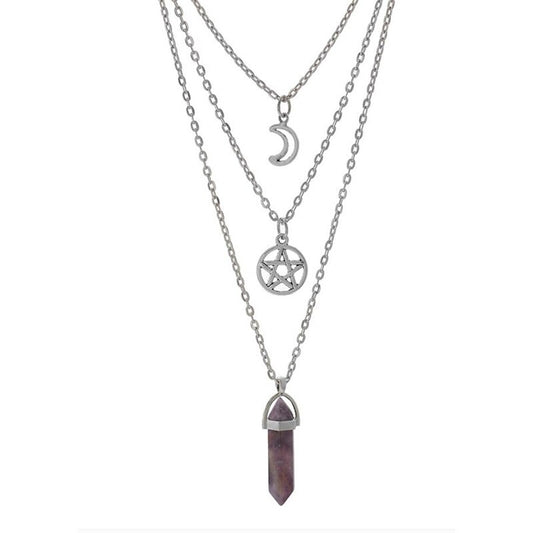 Pentacle Moon Amethyst Triple Necklace