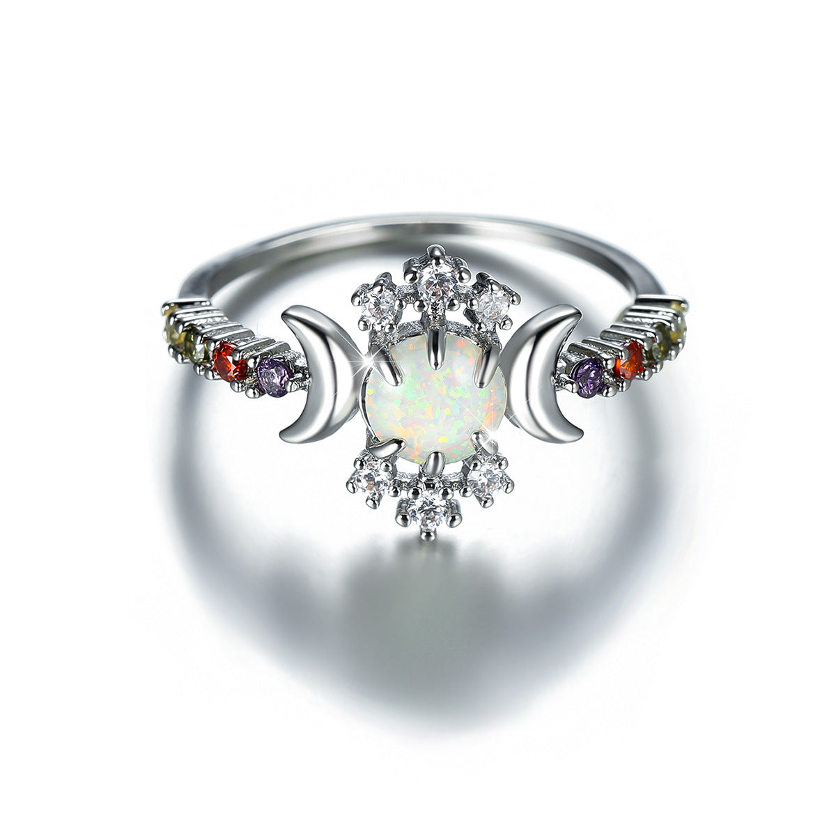 White Opal Triple Moon Goddess Ring